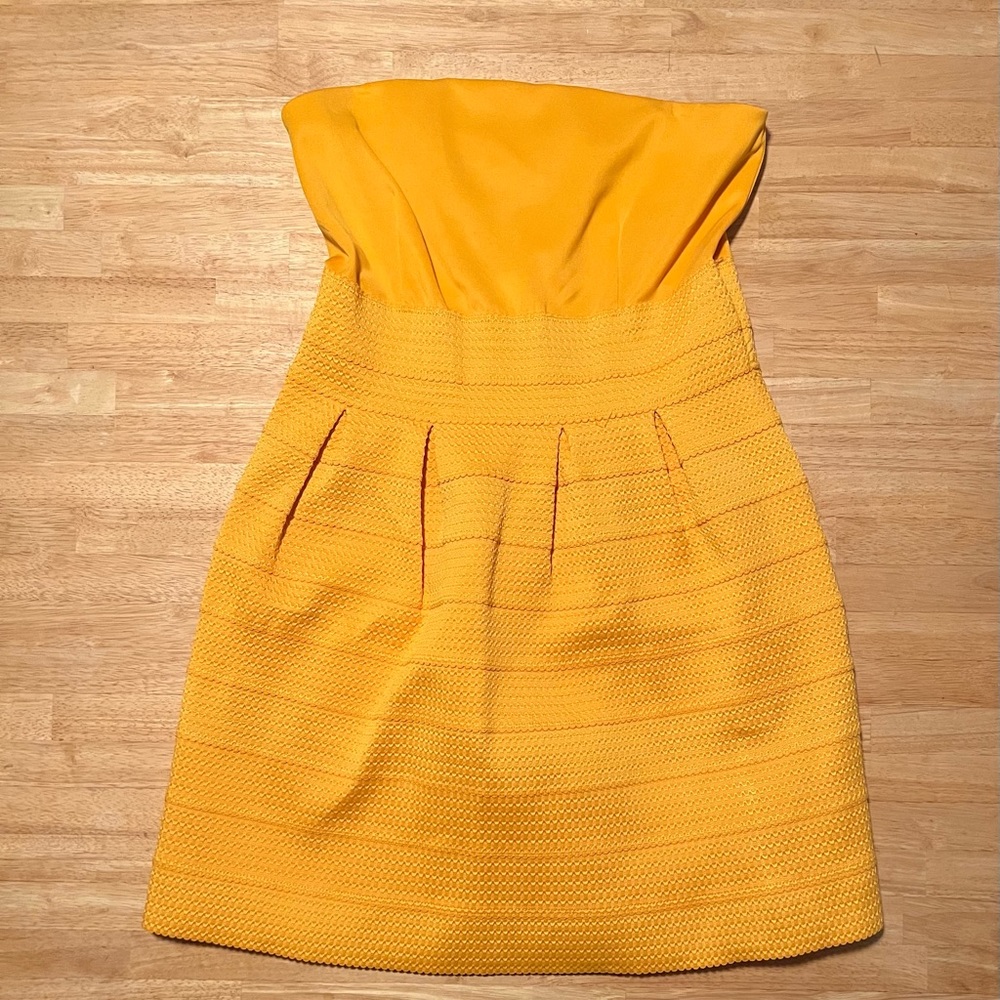 Marigold strapless short pleated dress